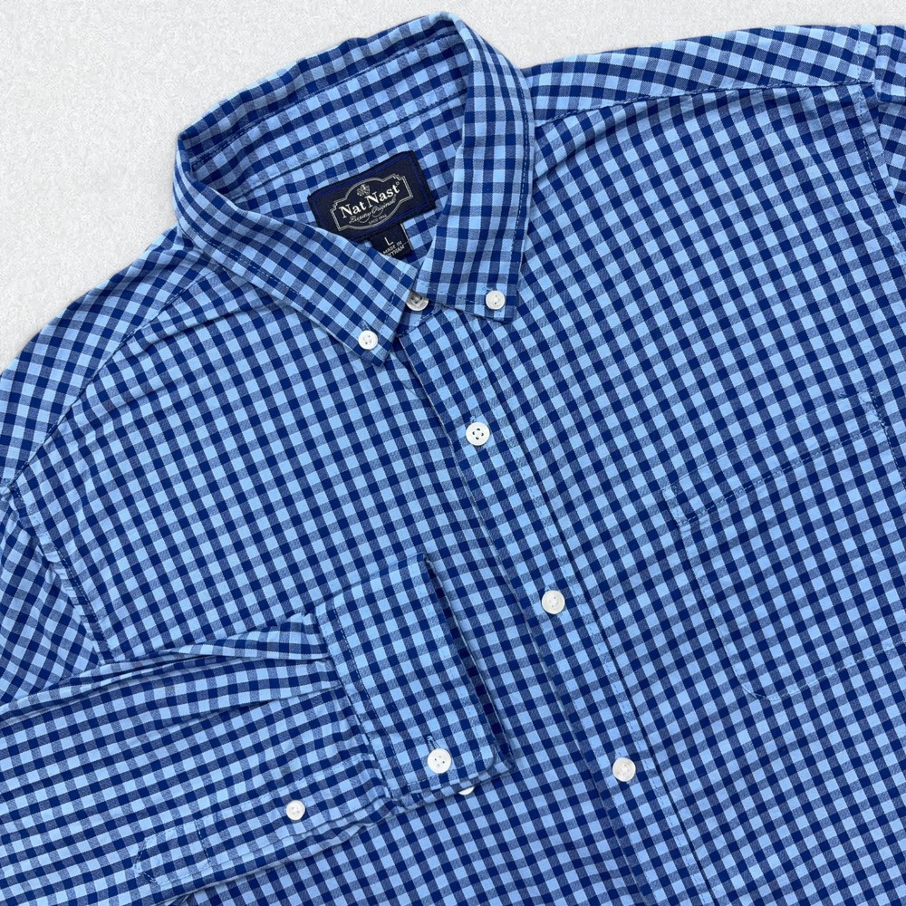 Nat Nast Shirt Mens Large Blue Gingham Check Button Down Long Sleeve Pocket